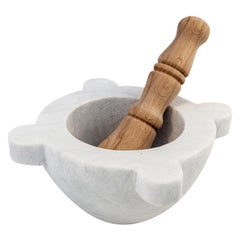 Handmade Satin White Carrara Marble Mortar with Pestle in Wood