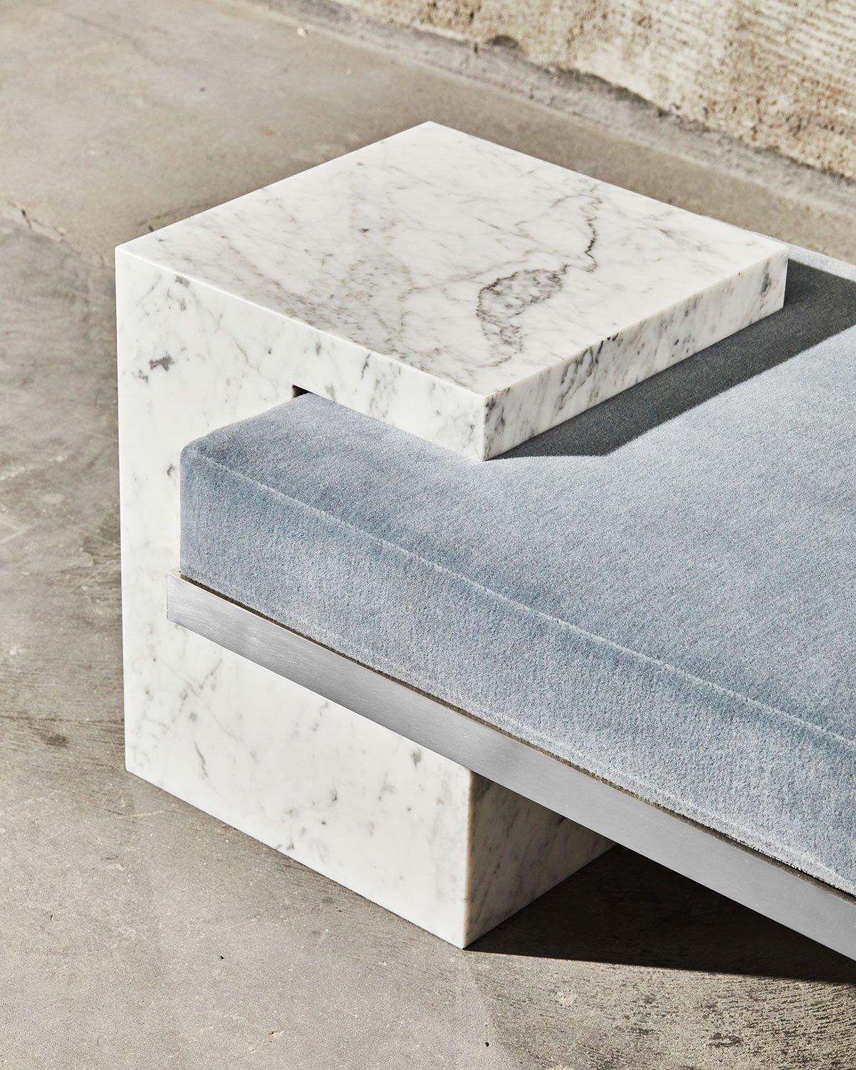 American White Marble, Nickel, and Mohair Coexist Bench by Slash Objects For Sale