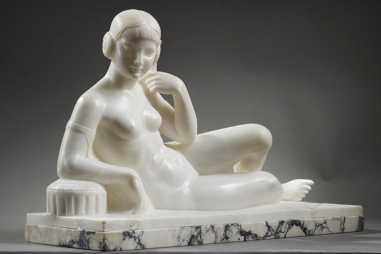 Carved White marble Odalisque from the Art Deco period  For Sale
