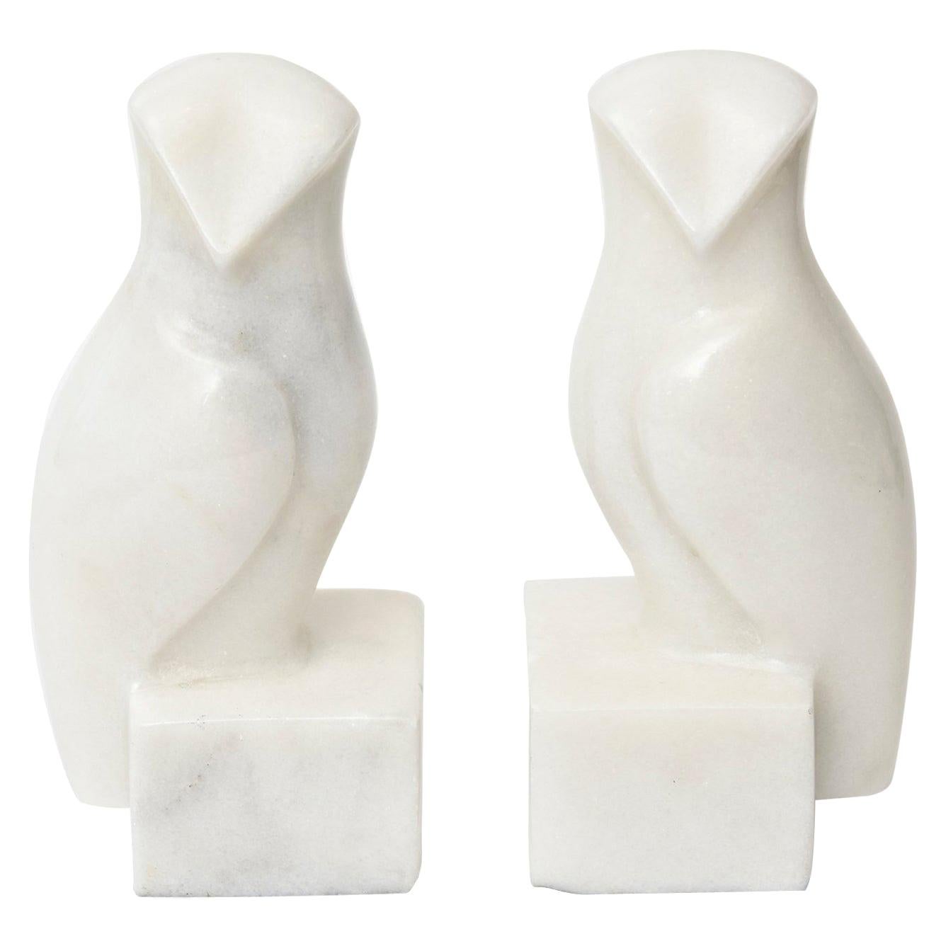 White Marble Owl Bookends Pair of Vintage