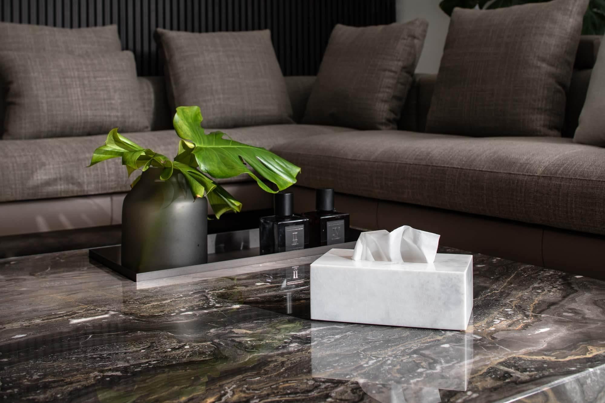 Crafted entirely by hand, this marble tissue box cover is a fusion of form and function, seamlessly blending into any space while adding sophistication and elegance. Clean, minimalist lines highlight the natural veining of the marble, making each