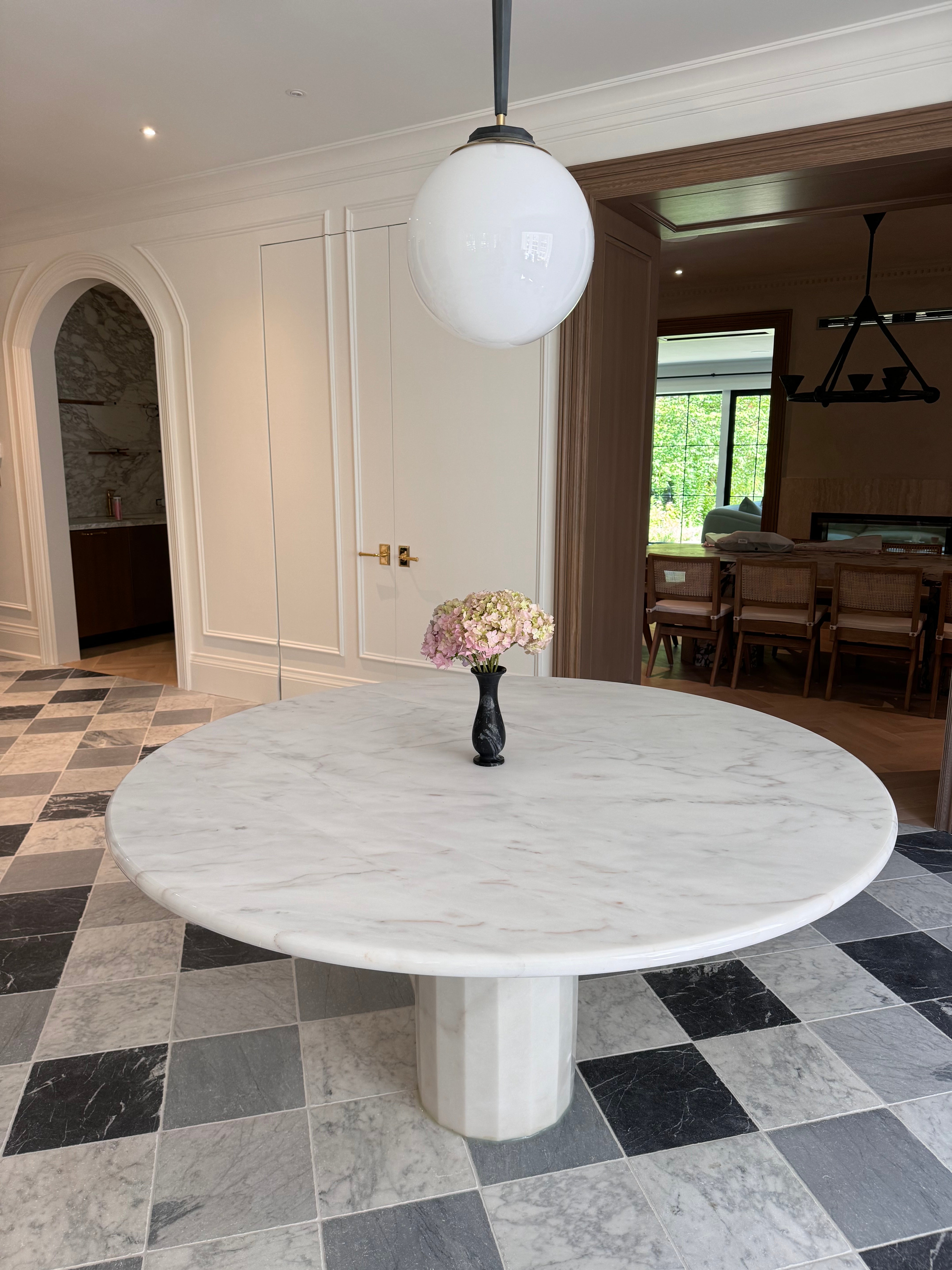 White Marble Round Dining Table with Hexagon Base