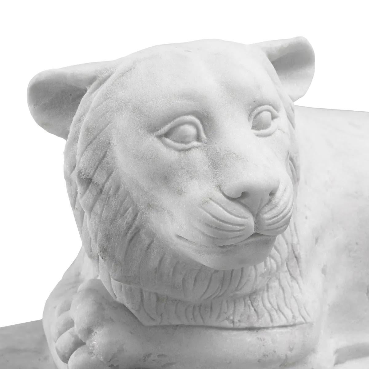 Modern White Marble Sculpture of a Reclining Lion in the Taste of Ancient Egypt. For Sale
