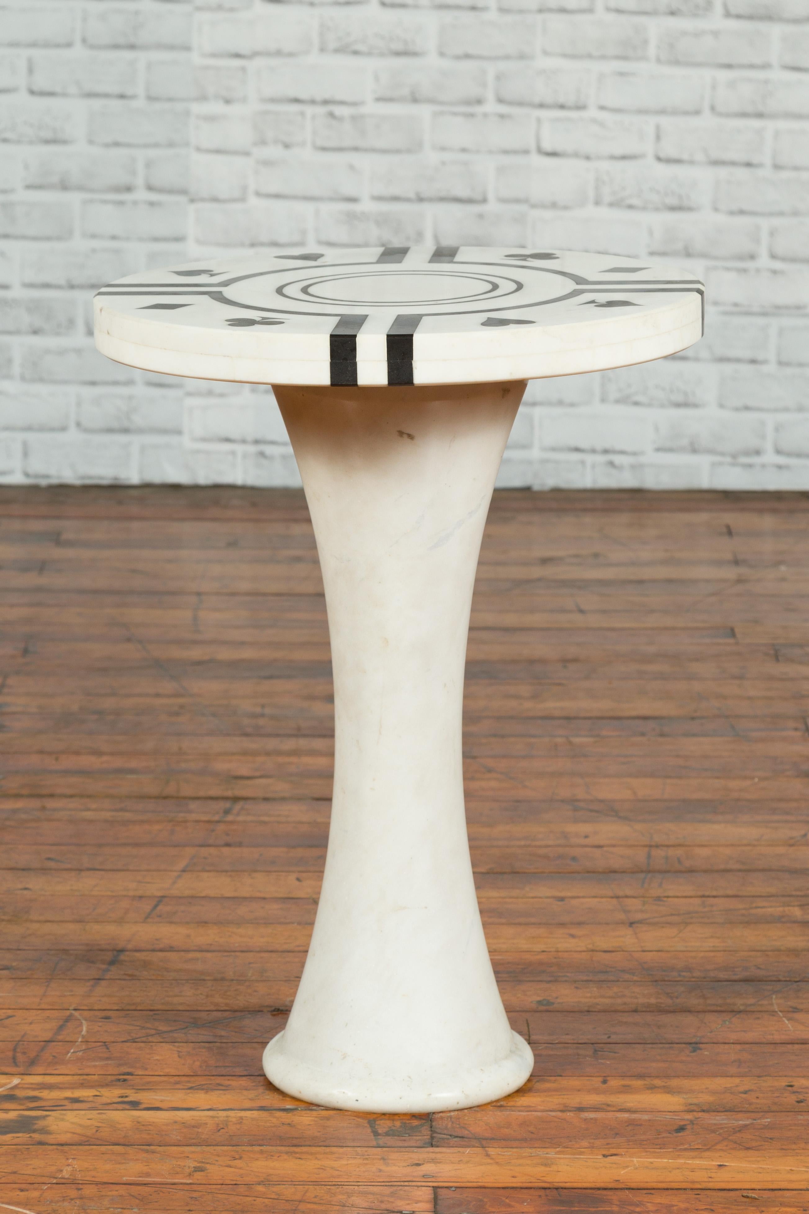 20th Century White Marble Side Table with Poker Design Round Top and Pedestal Hourglass Base For Sale