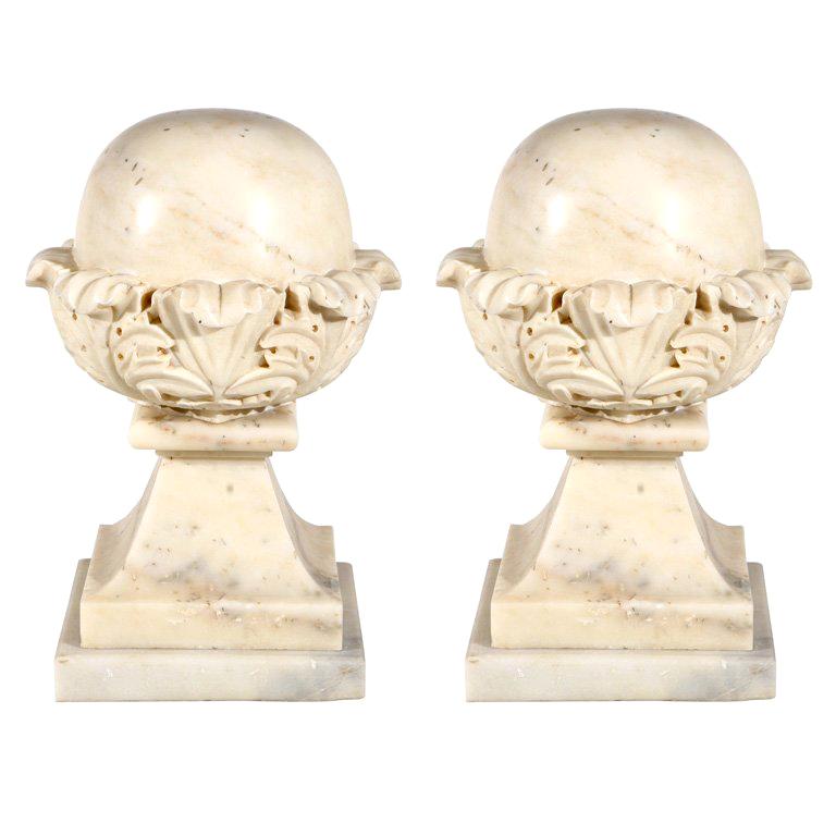 White Marble Spheres on Bases, Pair For Sale