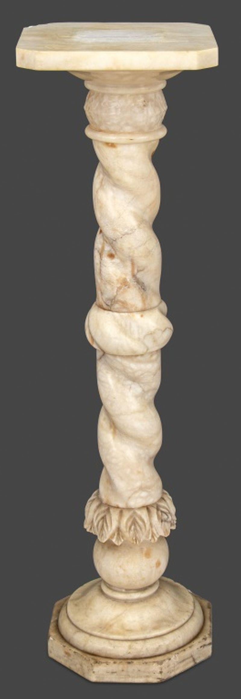 White Marble Spiraling Pedestal Stand, with acanthus leaf decoration on octagonal base. 34