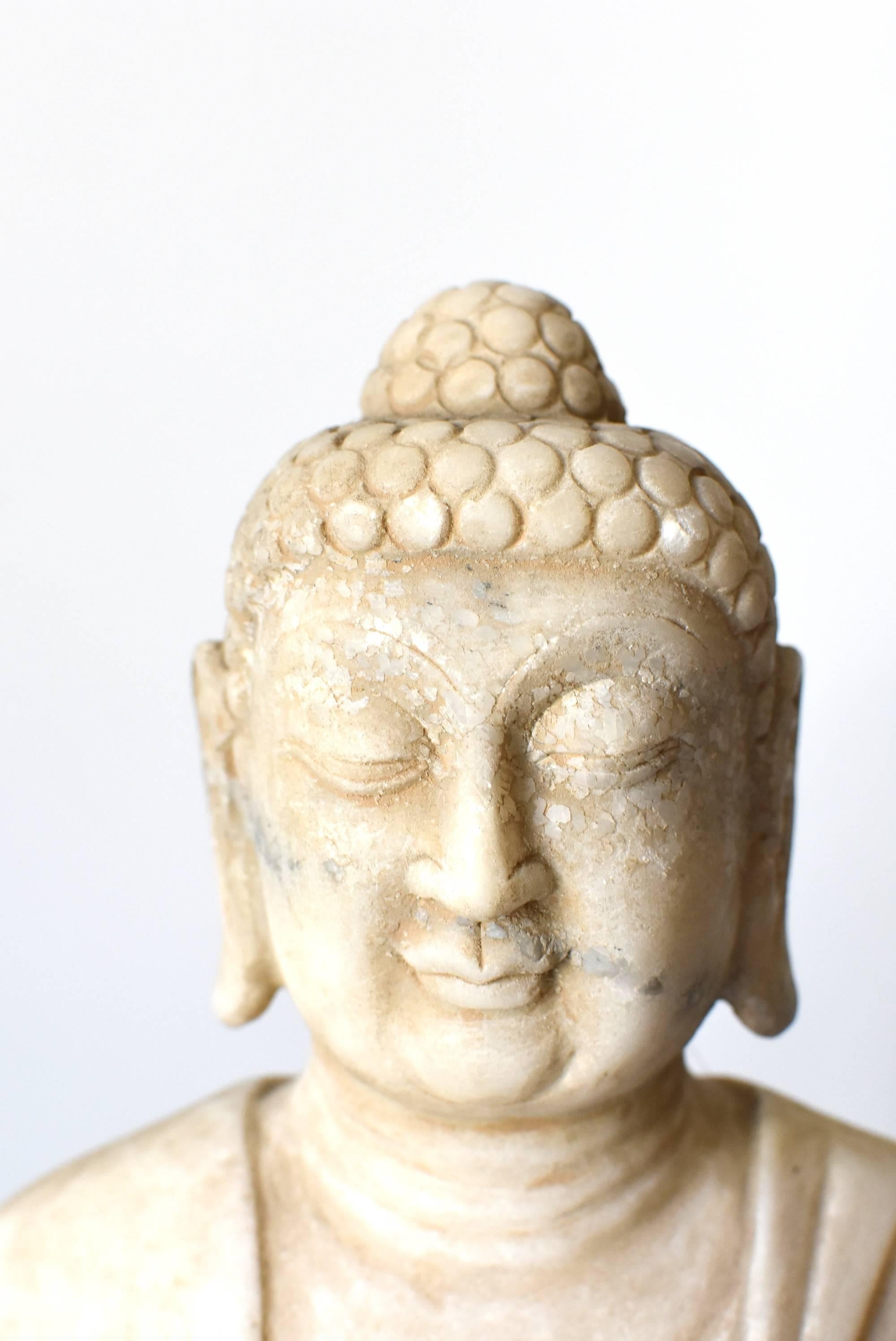 White Marble Stone Buddha Statue, Hand-Carved In Good Condition In Somis, CA