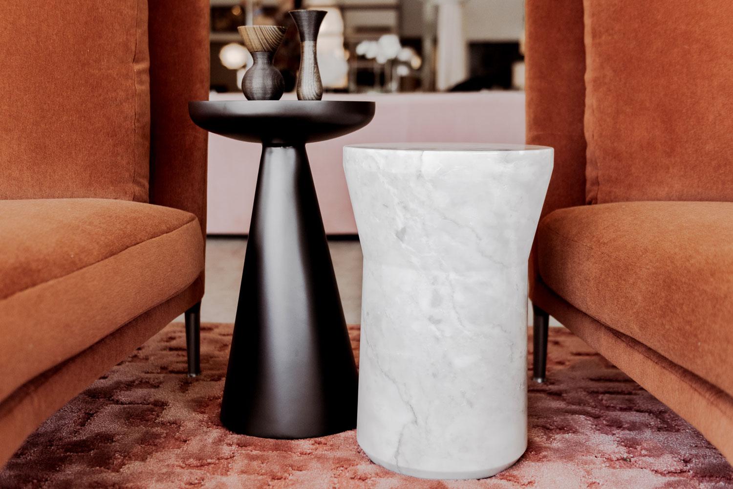 Hand-Carved White Marble Stone Side Table, Gilles Caffier For Sale