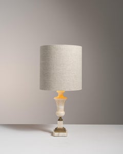 White Marble Table Lamp, Brass Accents, Italian Design, 1970s