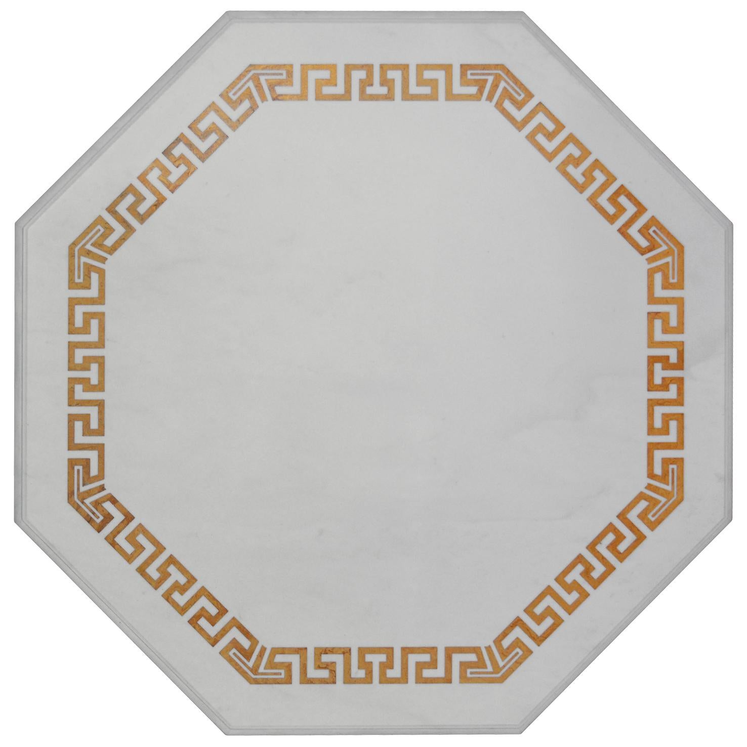 Romain classique Tavolo Marmo Bianco Ottagonale Intarsio Greca Giallo Oro Fatto a Mano da Cupioli en vente