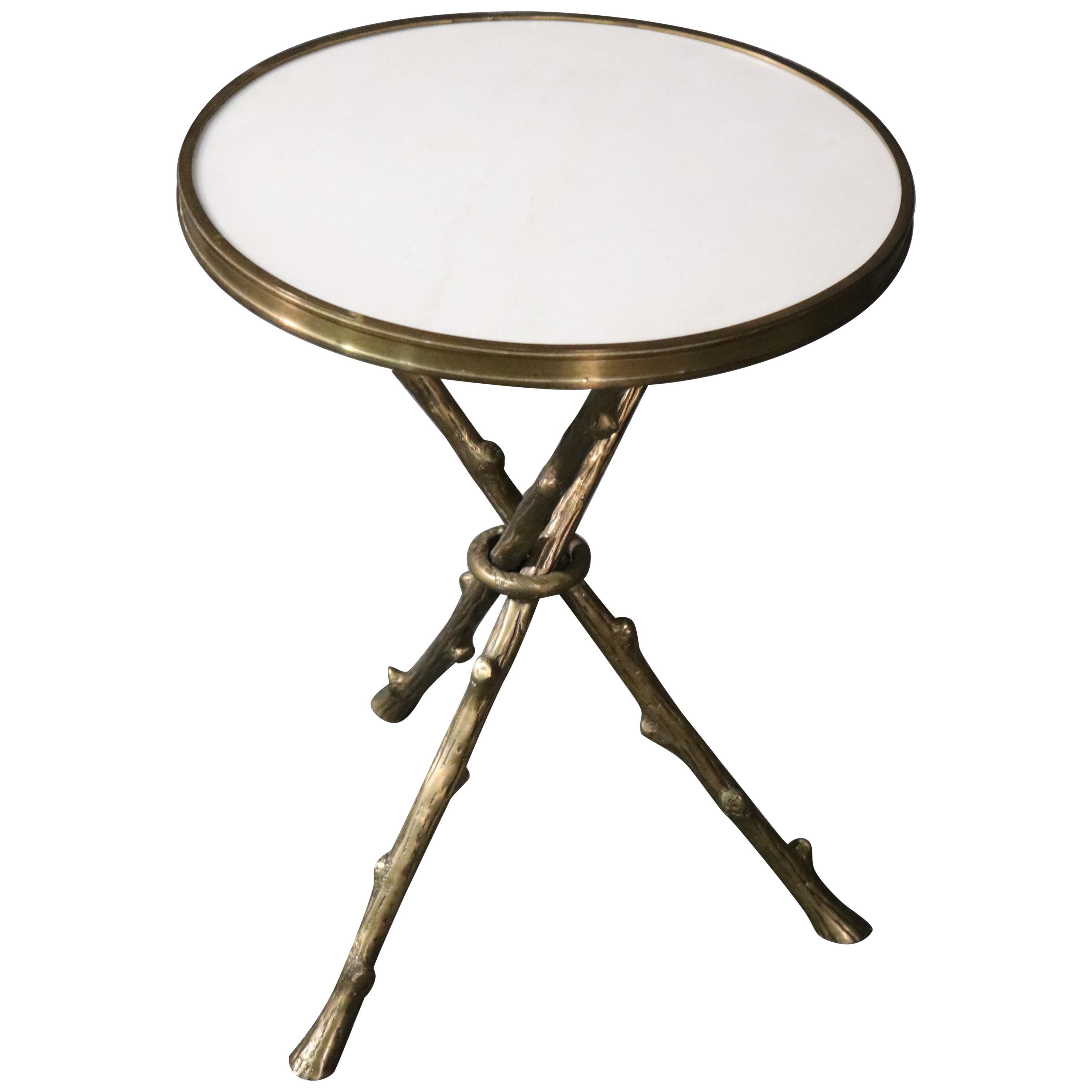 White Marble-Top Bronze Faux Bois Baguès Style End Occasional Table, circa 1980