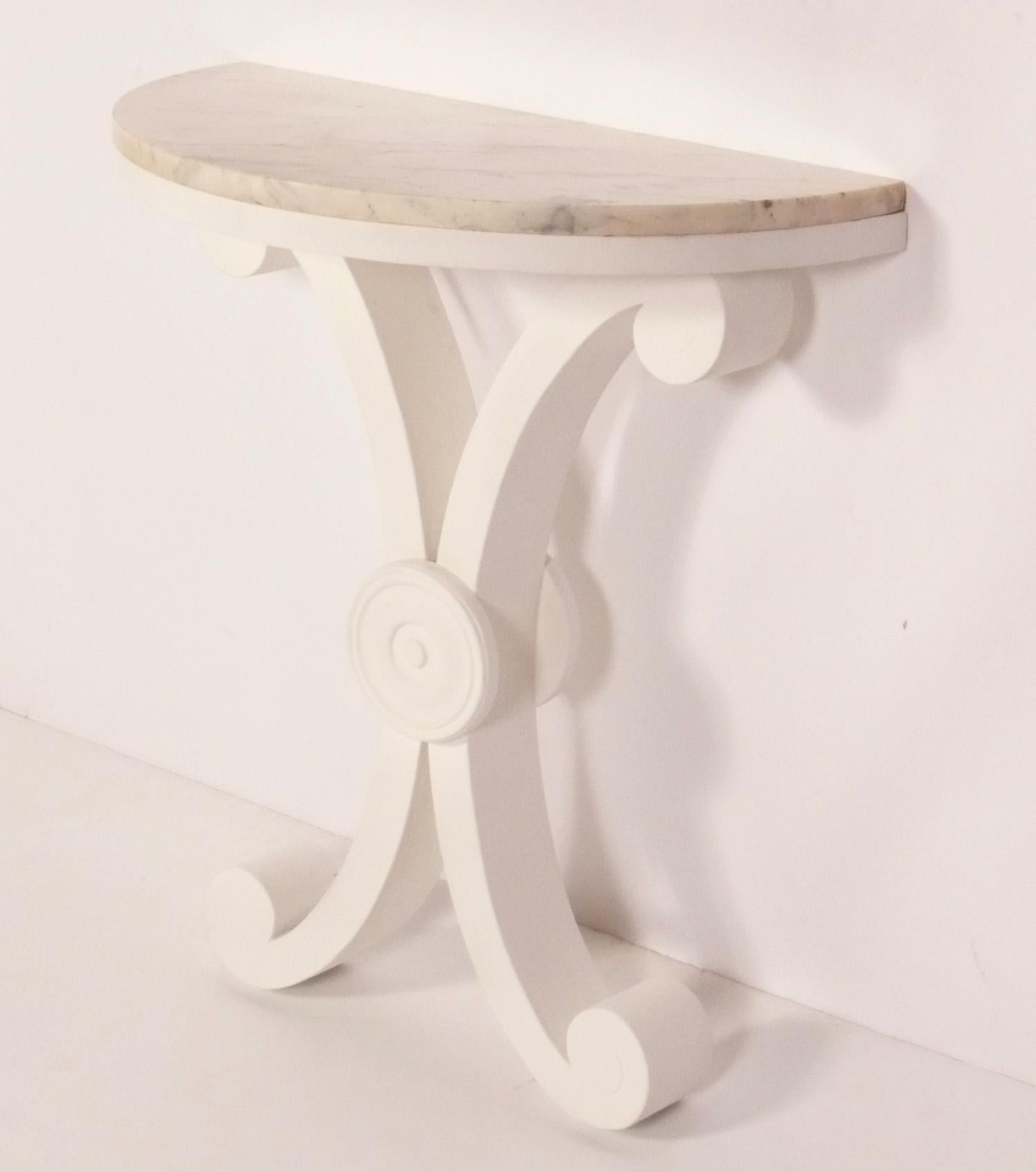 Hollywood Regency White Marble Top Demilune Wall Console circa 1940s For Sale