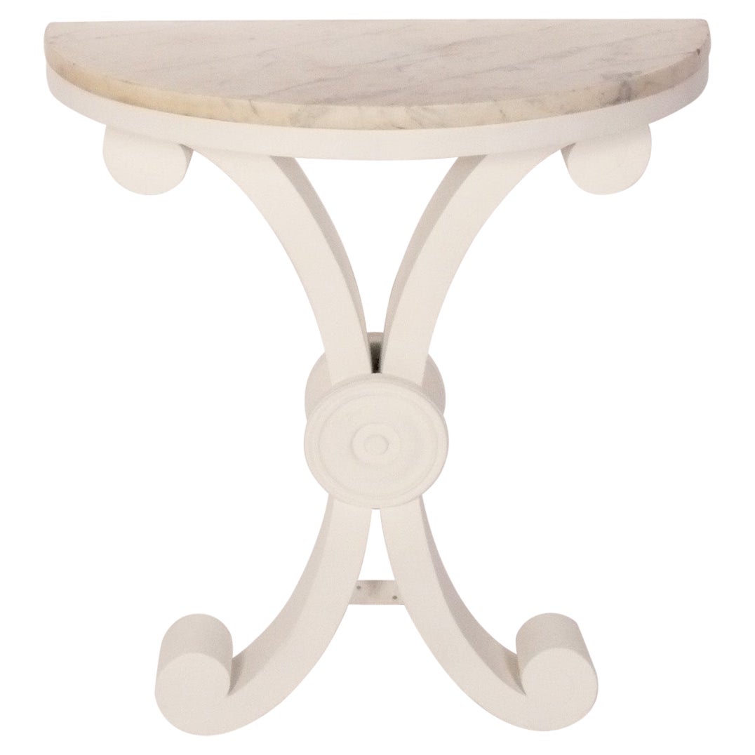 White Marble Top Demilune Wall Console circa 1940s For Sale