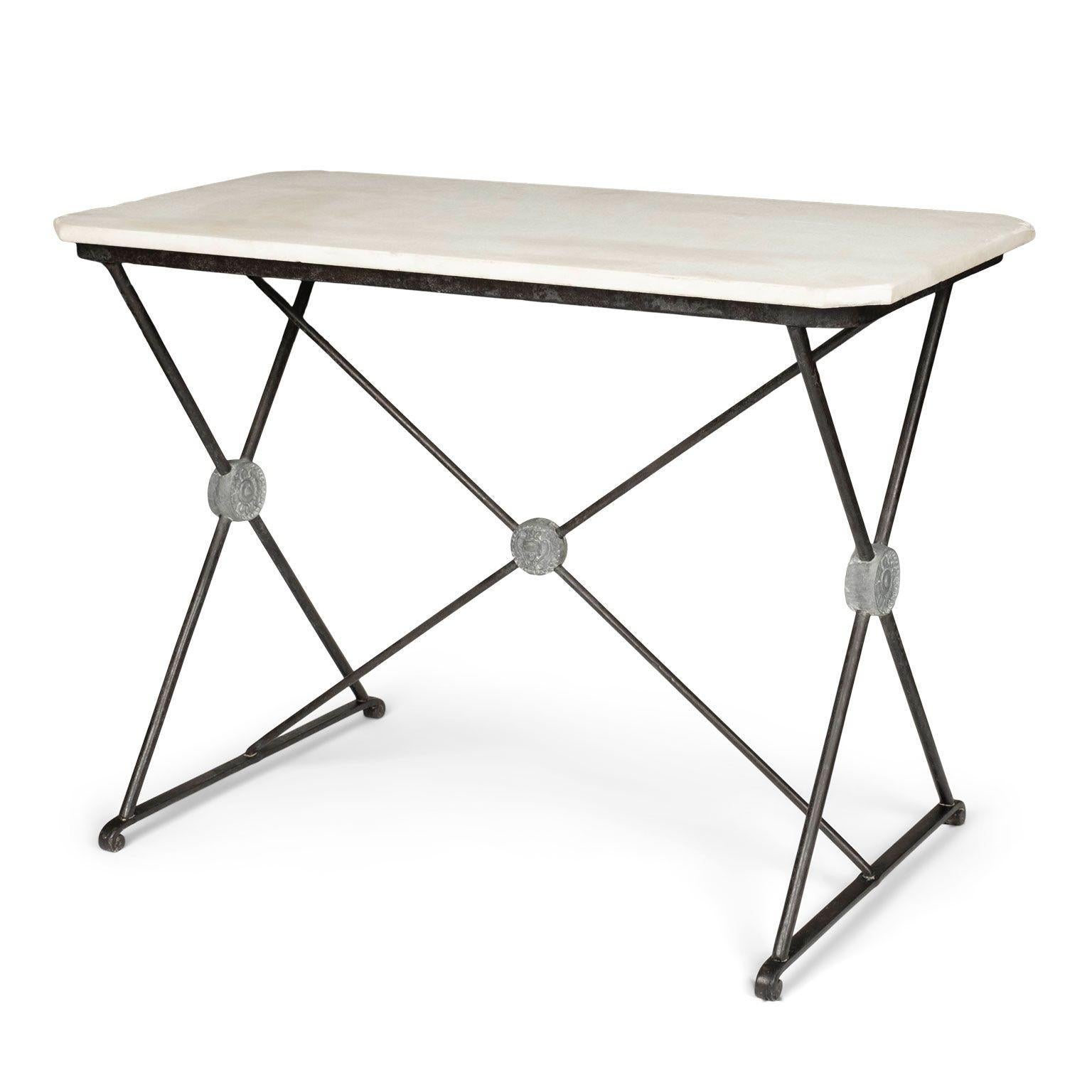 French Provincial White Marble Top Iron Table For Sale