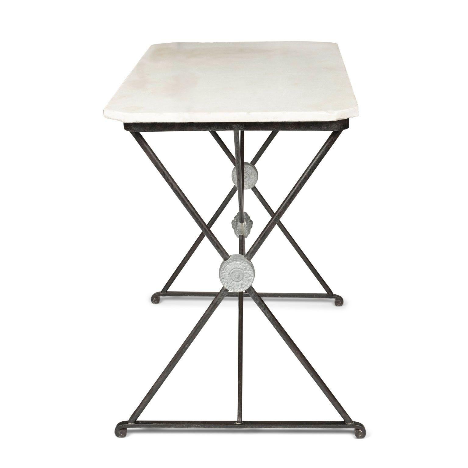 Metal White Marble Top Iron Table For Sale