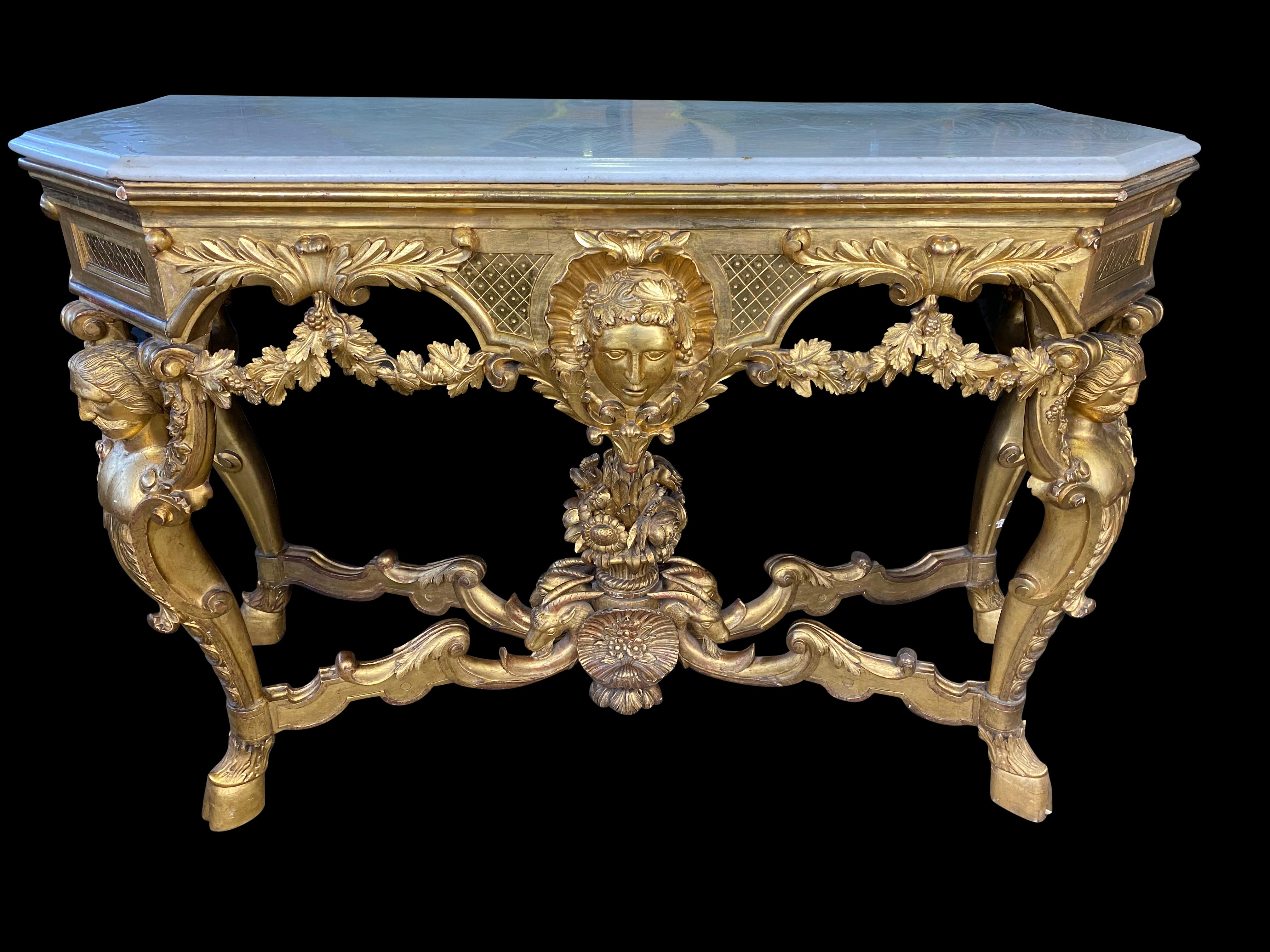 Gilt White Marble Top Italian Console, Rococo, 18th-19th Century For Sale