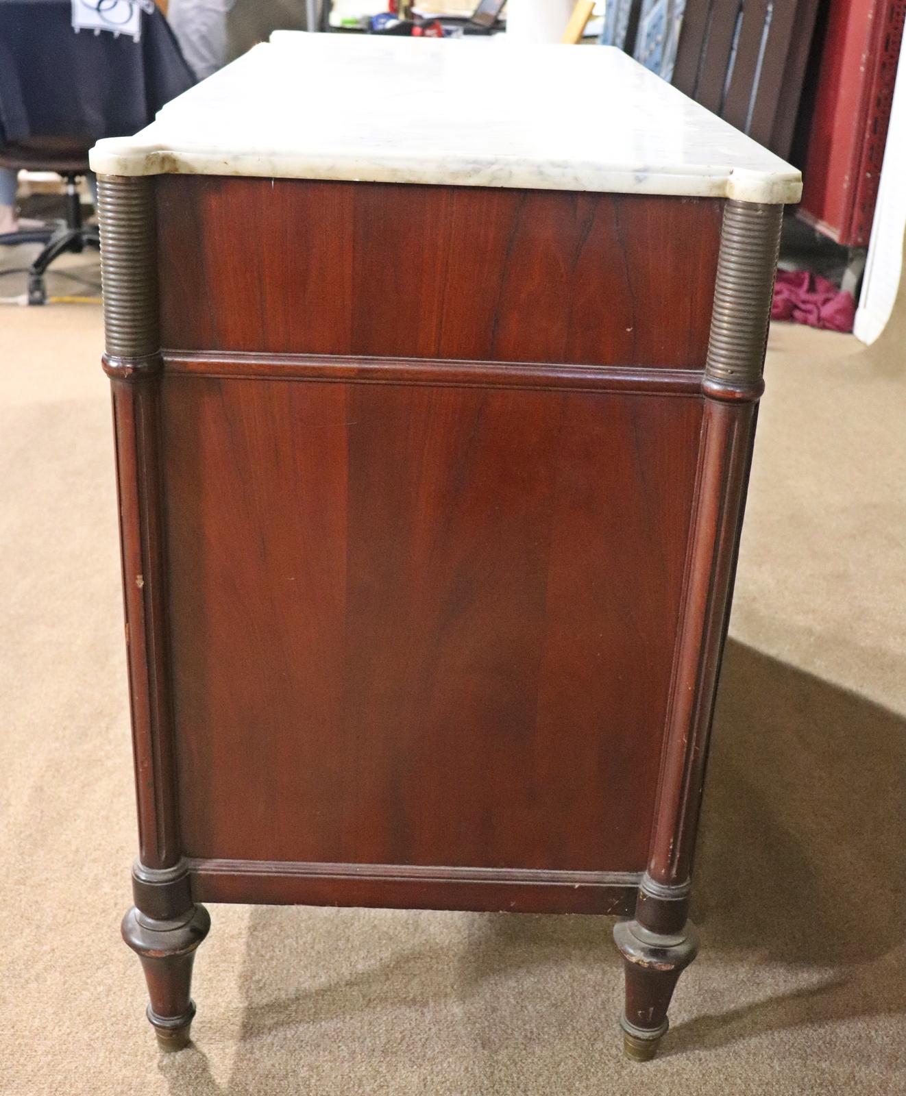 White Marble Top Mahogany Maison Jansen Style Directoire Commode In Good Condition In Swedesboro, NJ