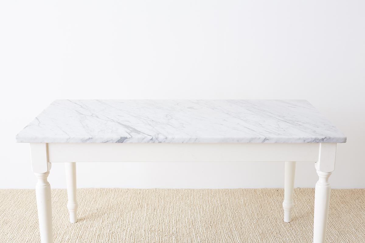 White Marble-Top Painted Farmhouse Dining Table 1
