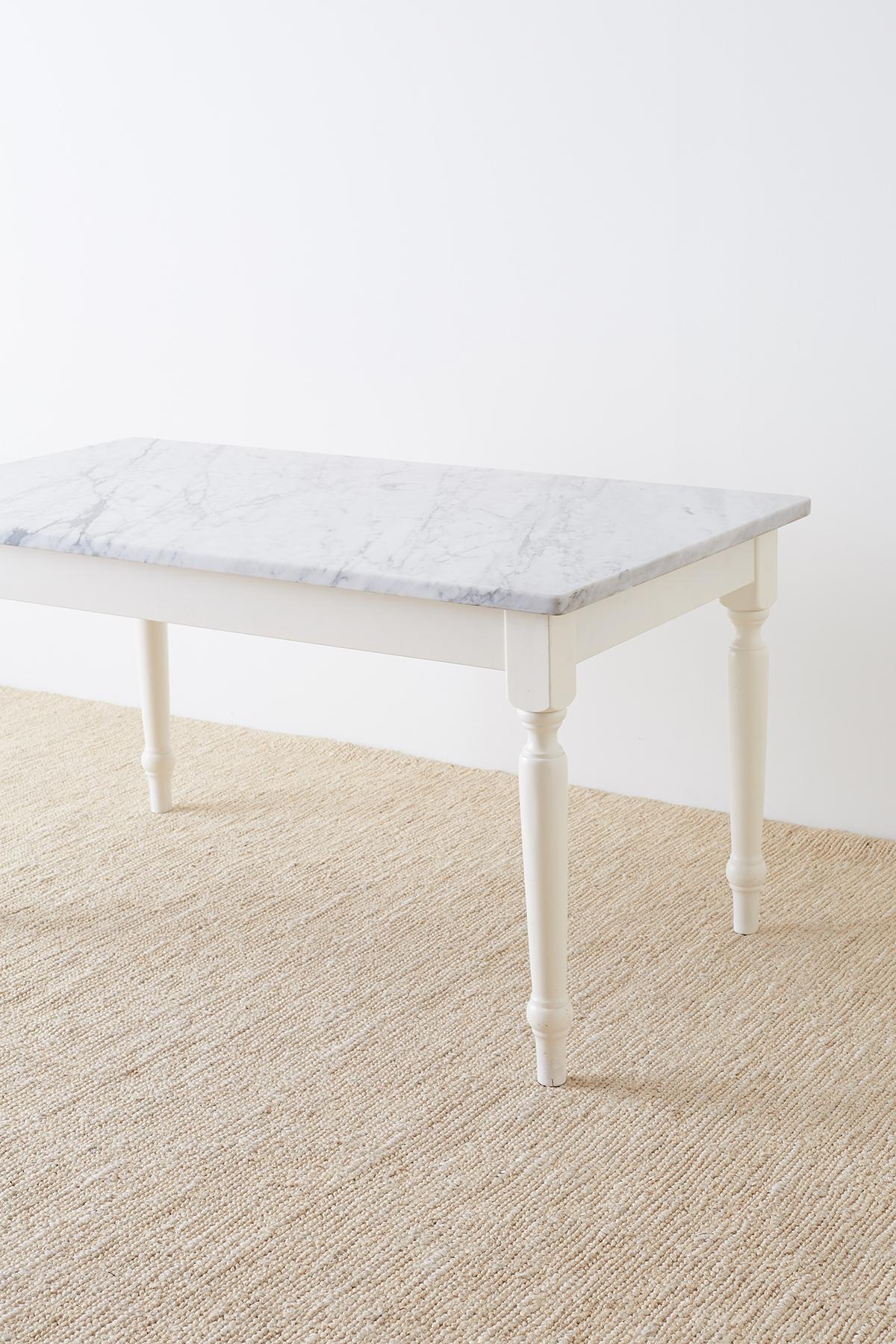 White Marble-Top Painted Farmhouse Dining Table 4