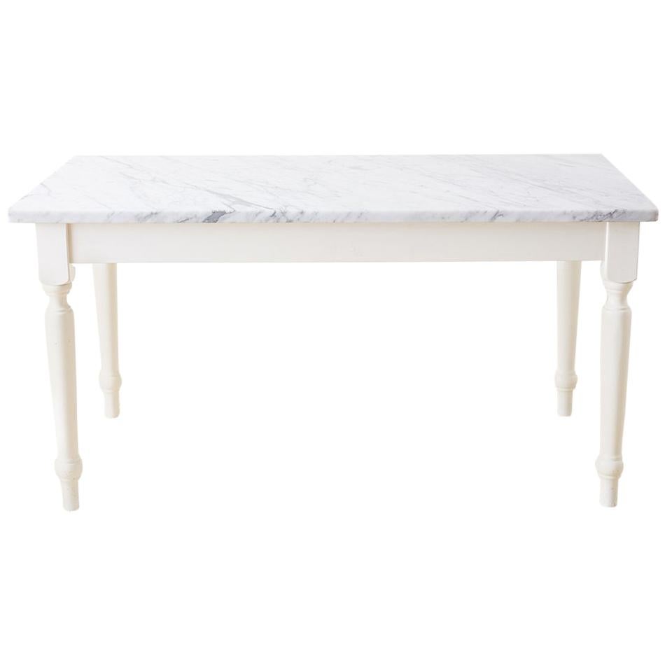 White Marble-Top Painted Farmhouse Dining Table