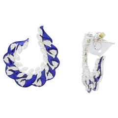 White Marquise and Pear Shape Diamonds and Blue Enamel Earrings in 18k
