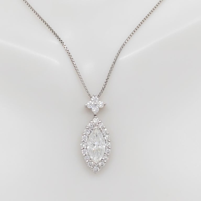 White Marquise and Round Diamond Pendant Necklace in Platinum For Sale ...