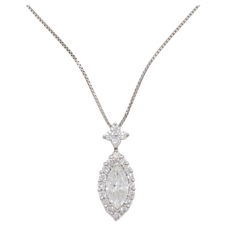 White Marquise and Round Diamond Pendant Necklace in Platinum For Sale ...