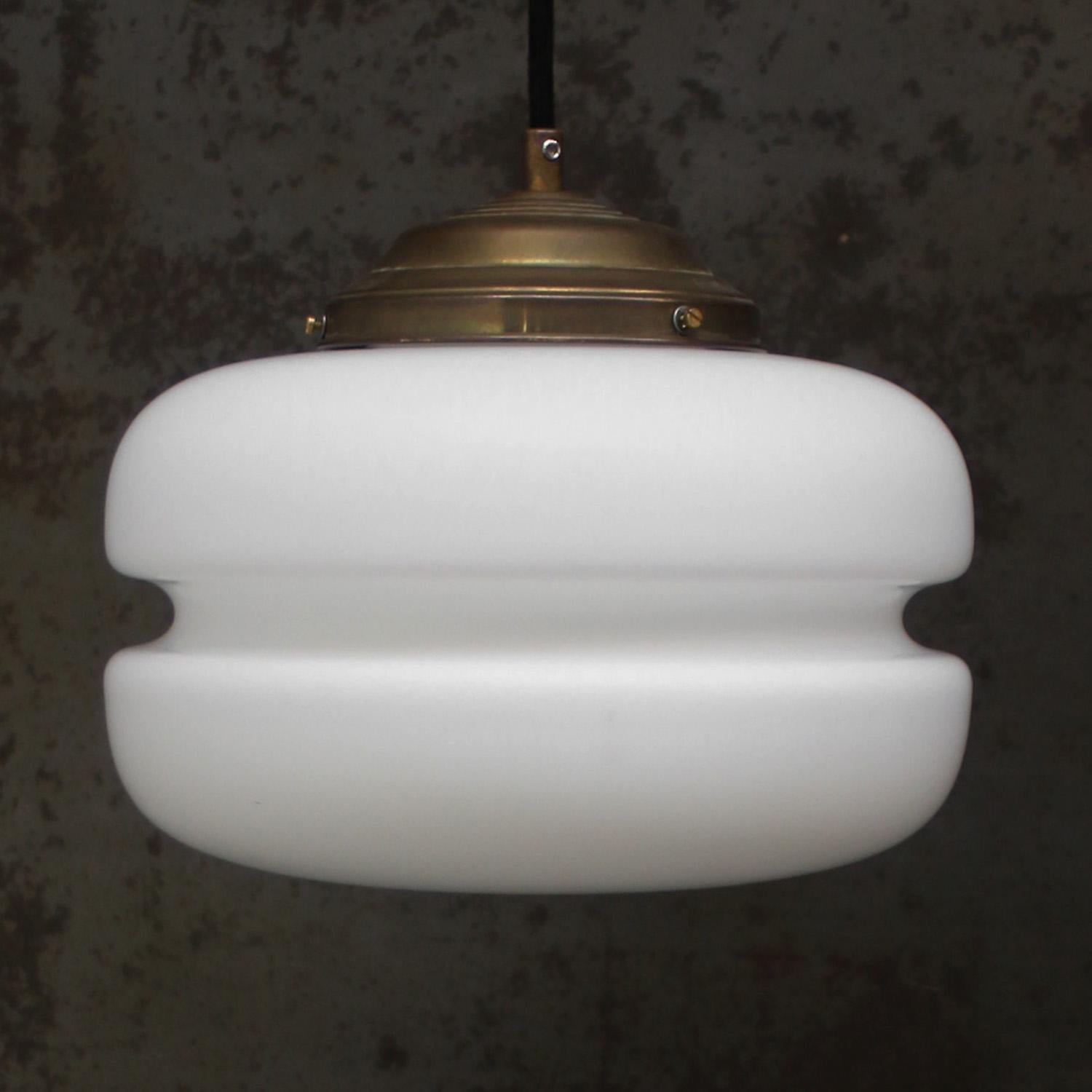 Mid-Century Modern White Mat Opaline Glass Brass Vintage Pendant Lights For Sale