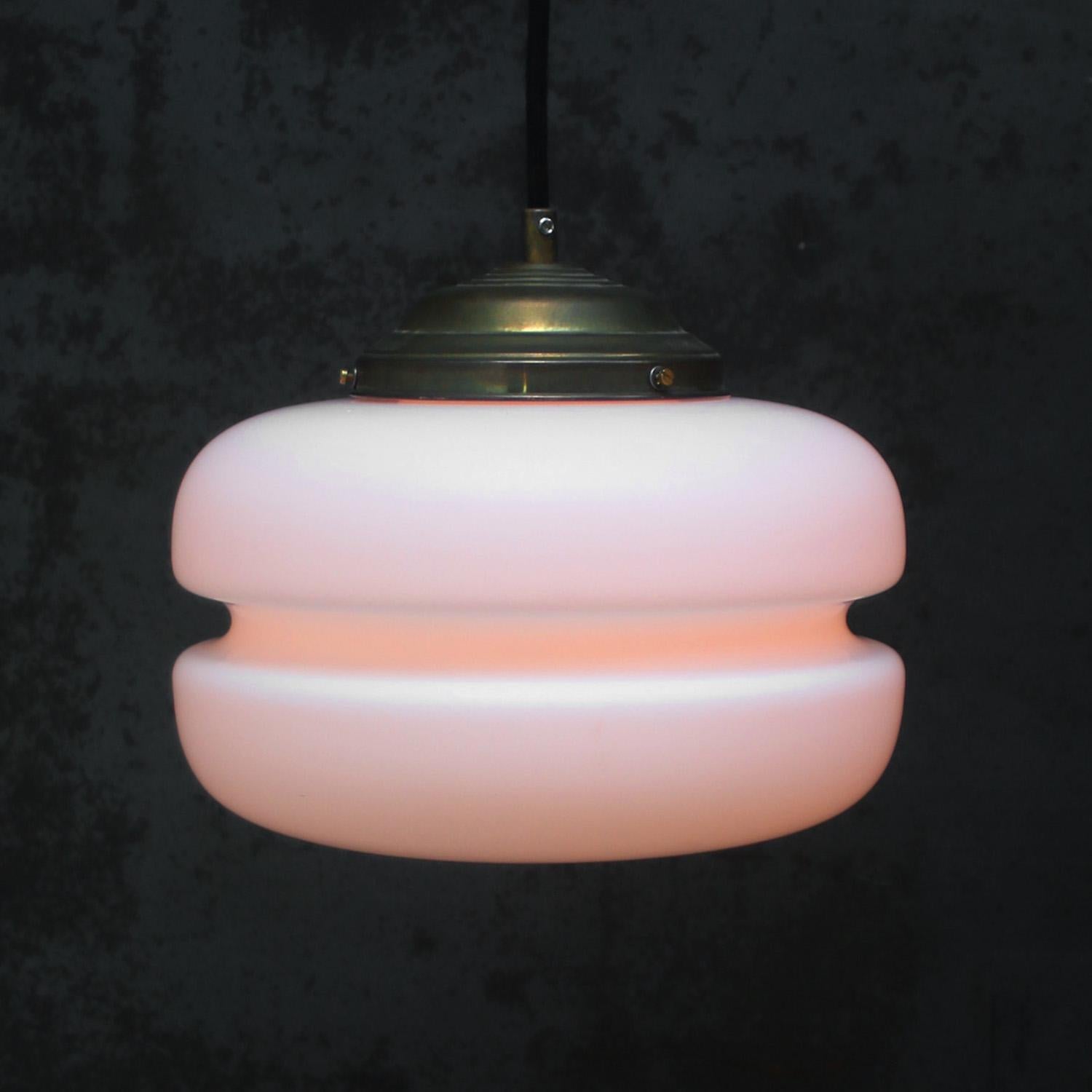 French White Mat Opaline Glass Brass Vintage Pendant Lights For Sale