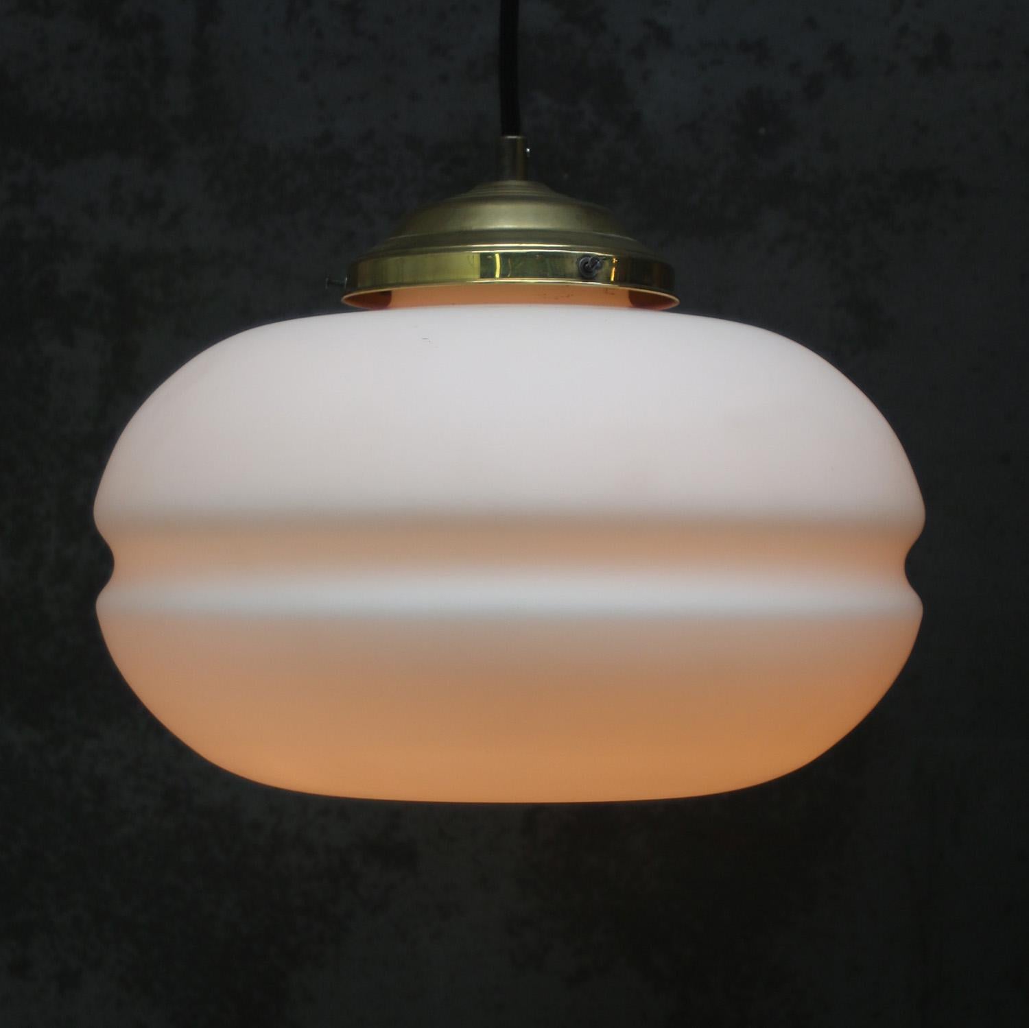 French White Mat Opaline Glass Brass Vintage Pendant Lights For Sale
