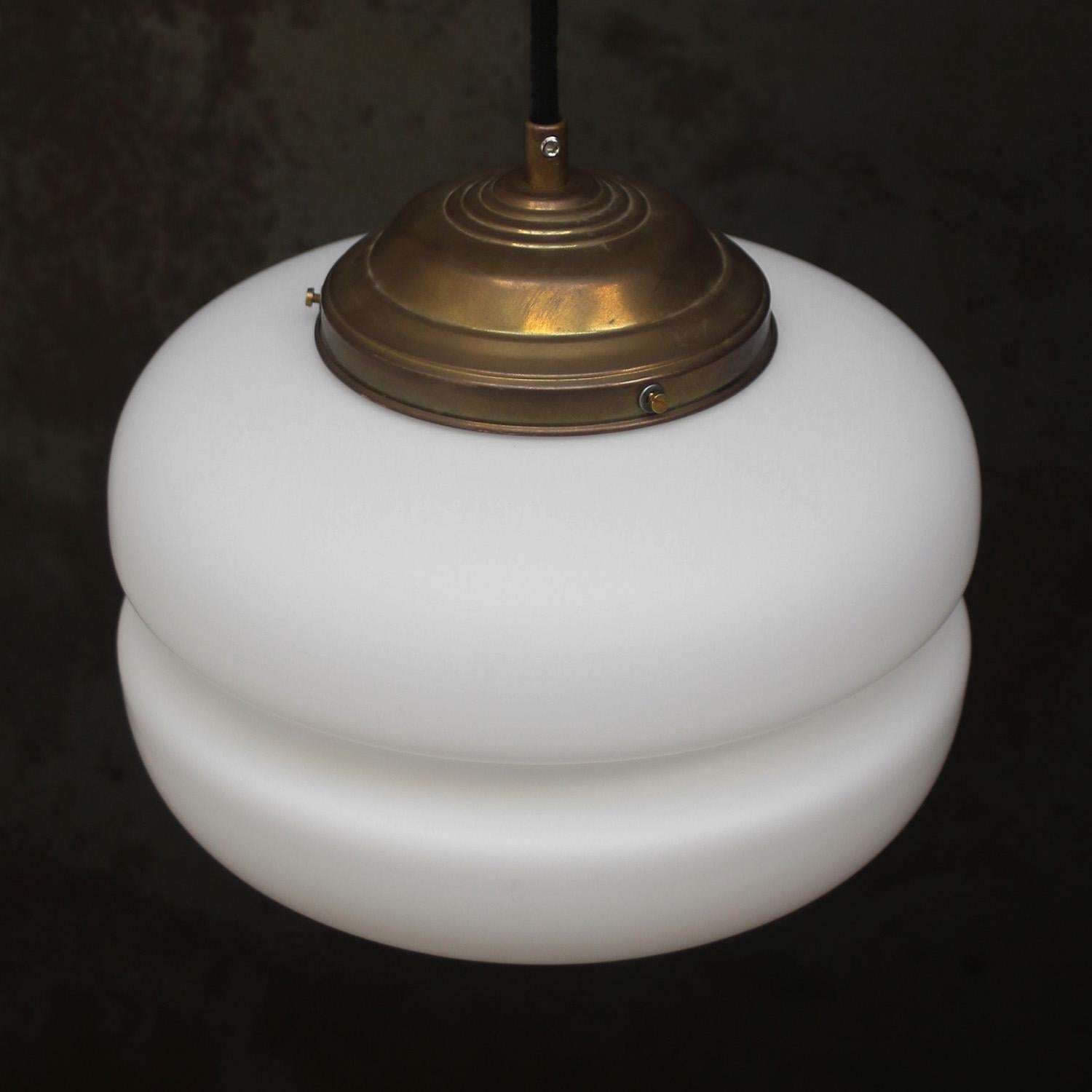 White Mat Opaline Glass Brass Vintage Pendant Lights In Good Condition For Sale In Amsterdam, NL