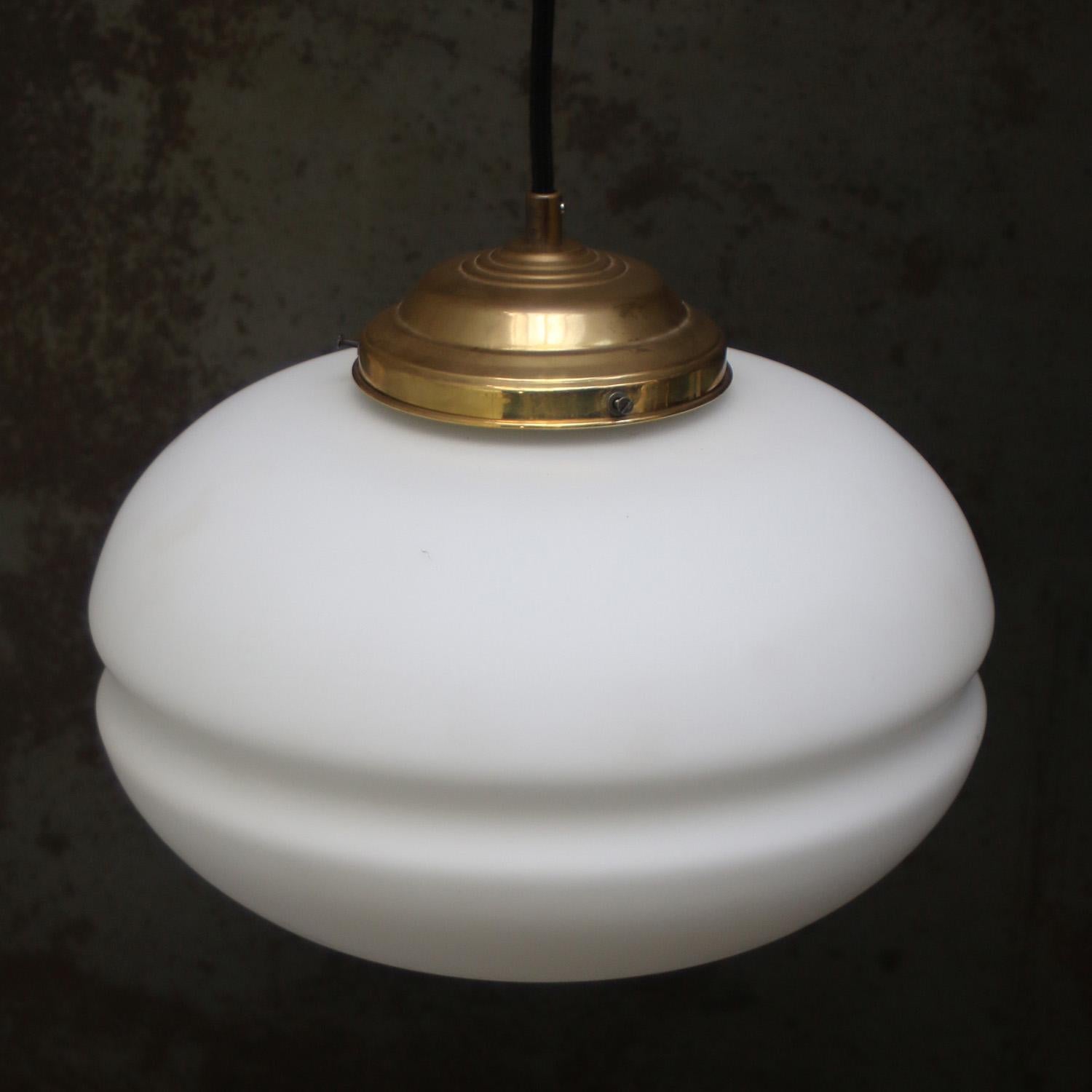 White Mat Opaline Glass Brass Vintage Pendant Lights In Good Condition For Sale In Amsterdam, NL
