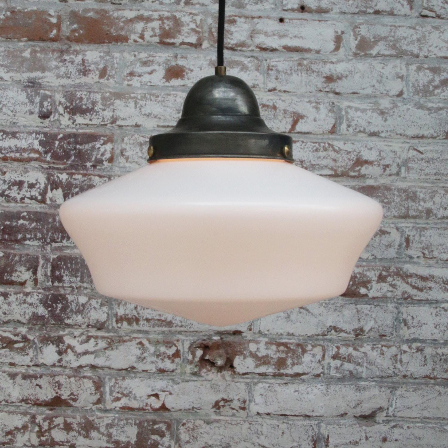 White Mat Opaline Milk Glass Vintage Metal Top Pendant Light In Good Condition In Amsterdam, NL