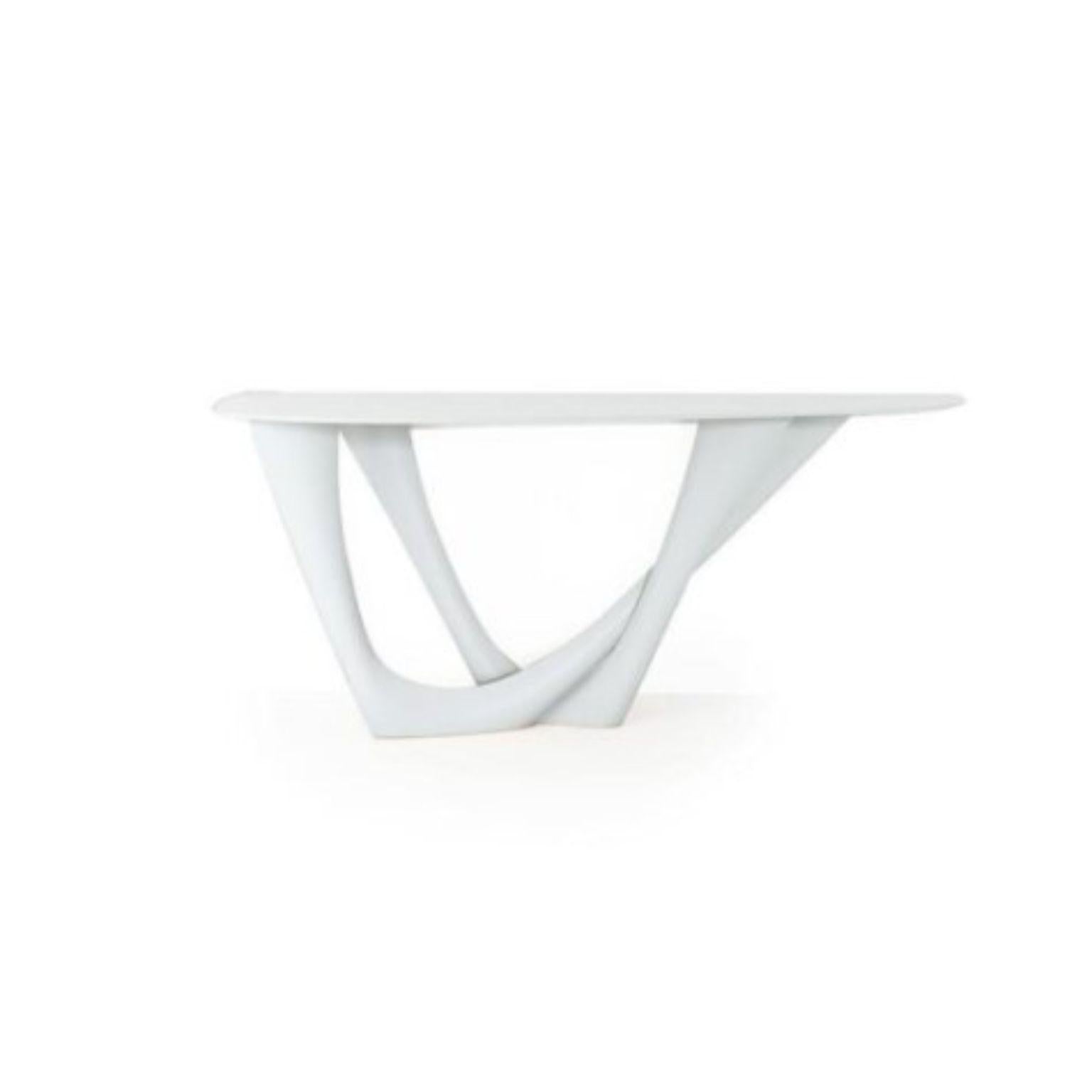 White matt G-console duo steel base and top by Zieta
Dimensions: D 56 x W 168 x H 75 cm 
Material: Steel.
Also available in different colors and dimensions.

G-Console is another bionic object in our collection. Created for smaller spaces, it gives