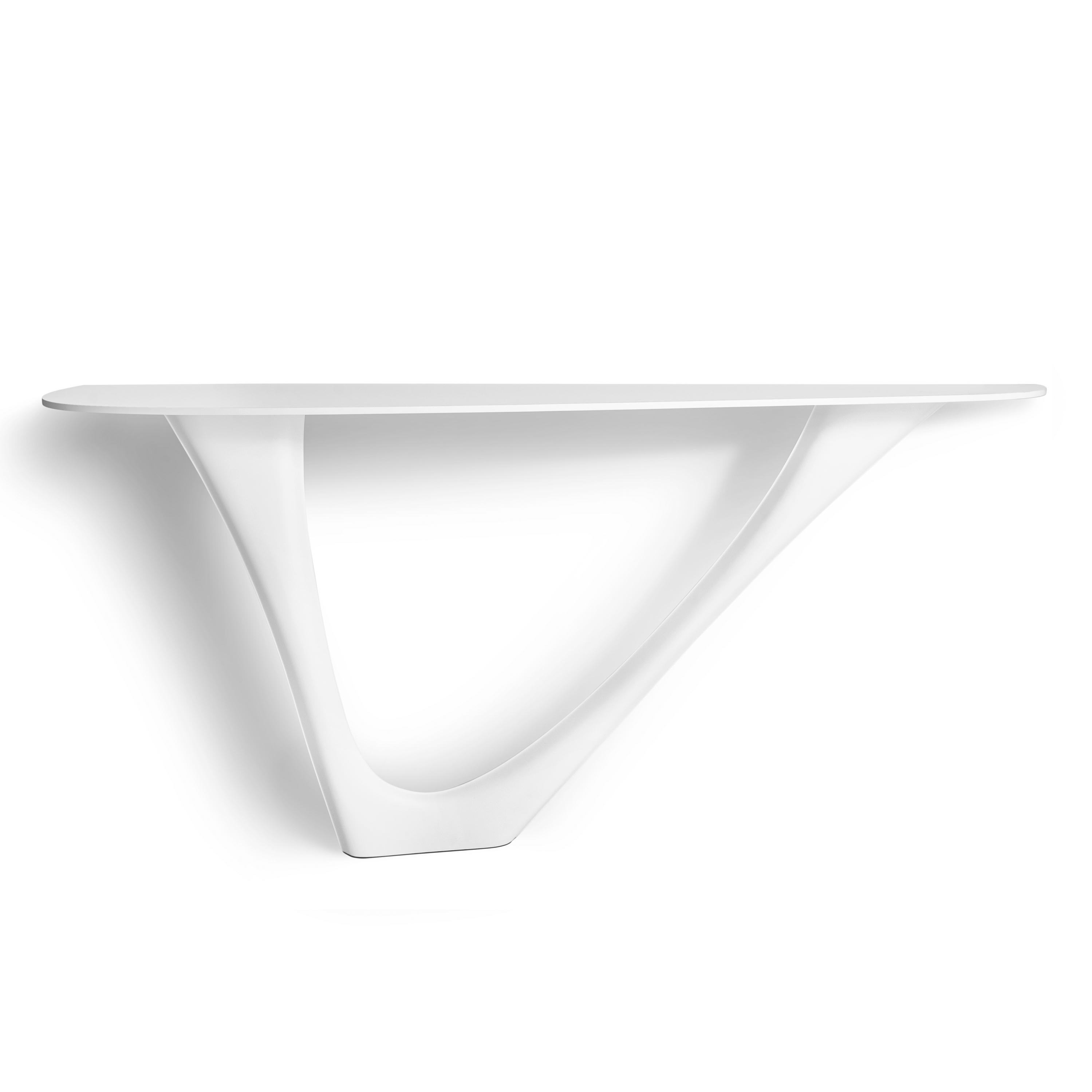 White Matt G-Console steel base with steel top Mono by Zieta
Dimensions: D 43 x W 159 x H 75 cm 
Material: Carbon steel. 
Also available in different colors and dimensions.

G-Console is another bionic object in our collection. Created for smaller