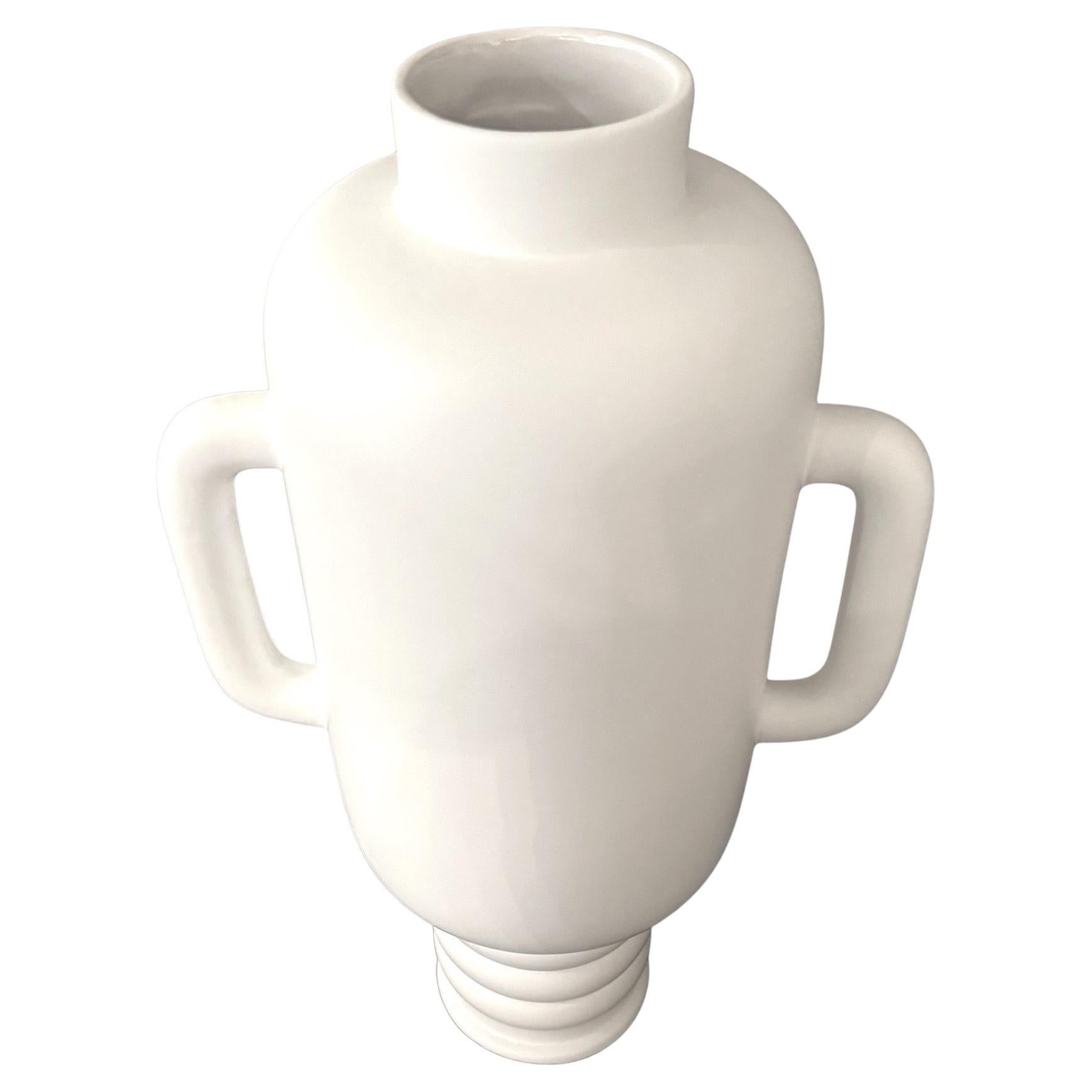 White Matte Glaze Tall Two Handled Ribbed Base Vase, France, Contemporary