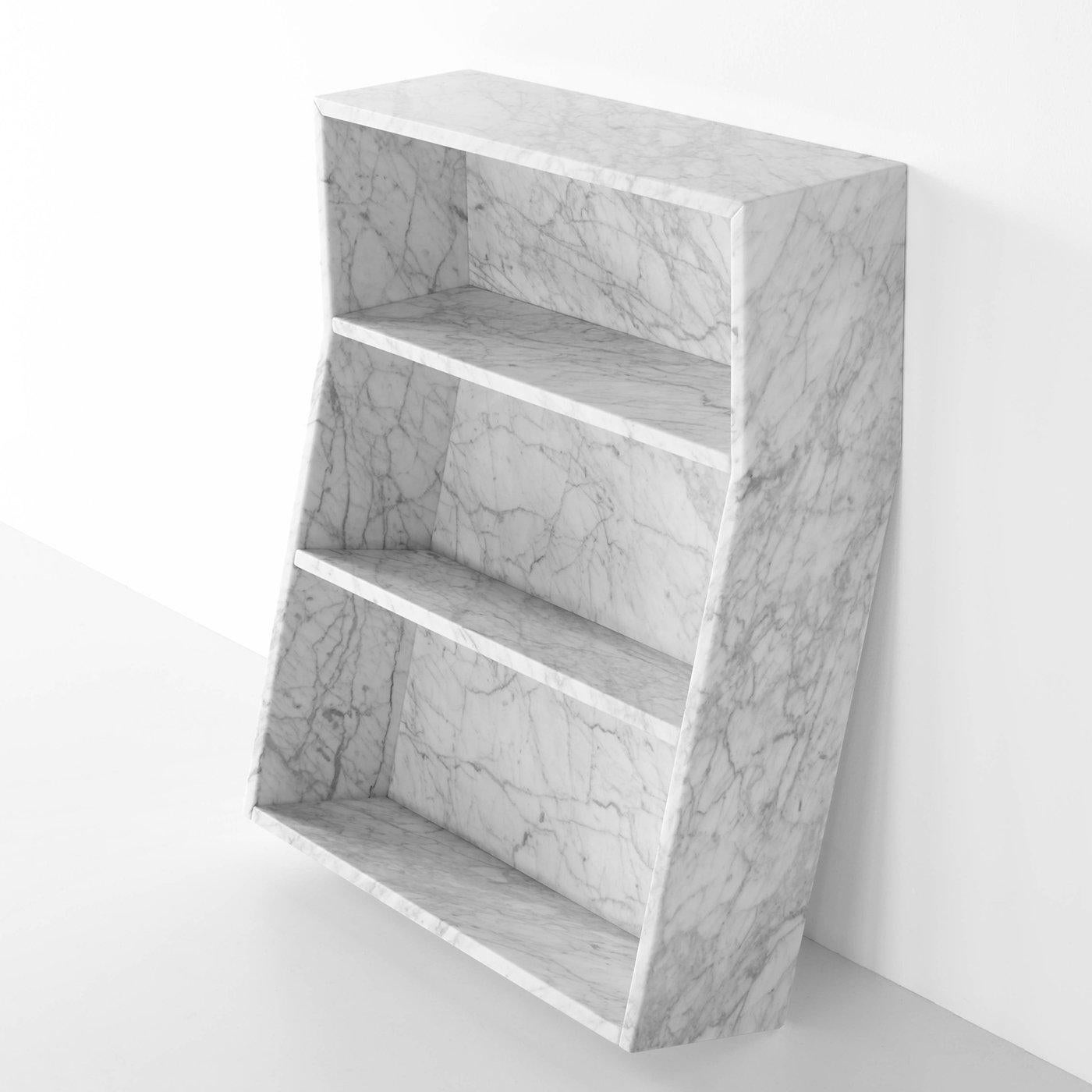 Bookcase in white Carrara marble, matte polished finish also available in black Marquina marble, matte polished finish.