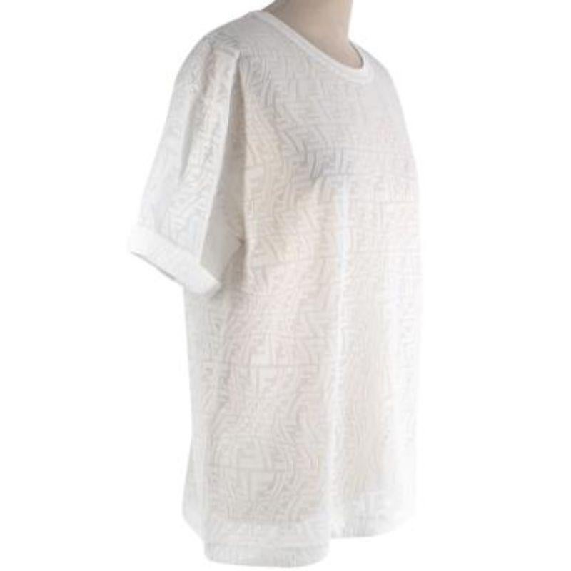 Fendi White Airtex mesh FF Wave T-shirt
 
 - Sports mesh body with jacquard FF wave 
 - Ribbed round neck
 - Turn-up short sleeve
 - Boxy fit
 - Semi-sheer, unlined 
 
 Materials
 100% Cotton 
 
 Made in Italy 
 Hand wash only 
 
 PLEASE NOTE, THESE