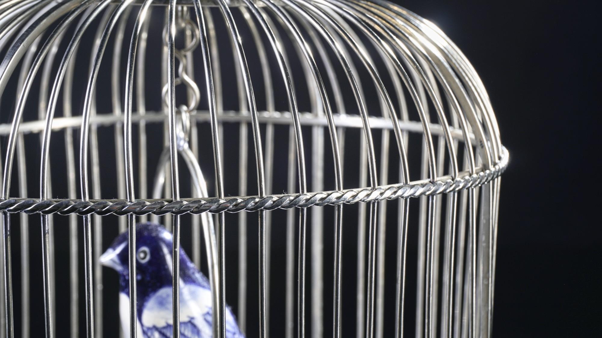 White Metal Cage with Ceramic Birds, One of a Kind 1