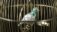 White Metal Cage with Ceramic Birds, One of a Kind