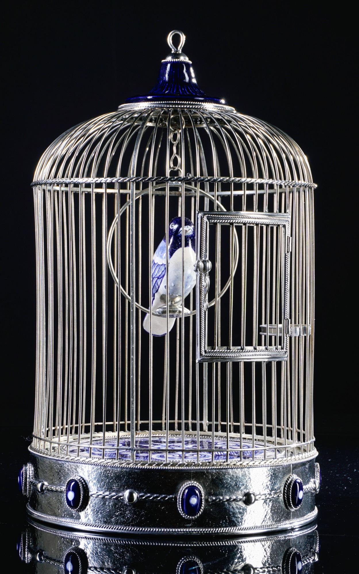 Folk Art White Metal Cage with Ceramic Birds, One of a Kind