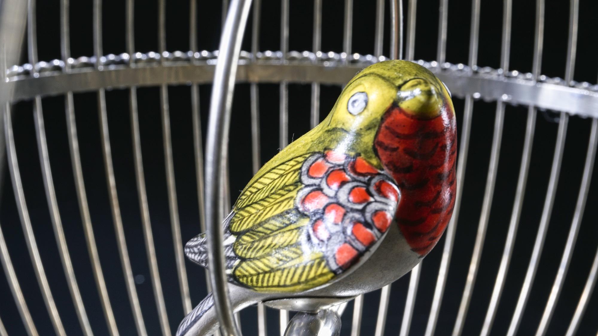 Forged White Metal Cage with Ceramic Birds, One of a Kind