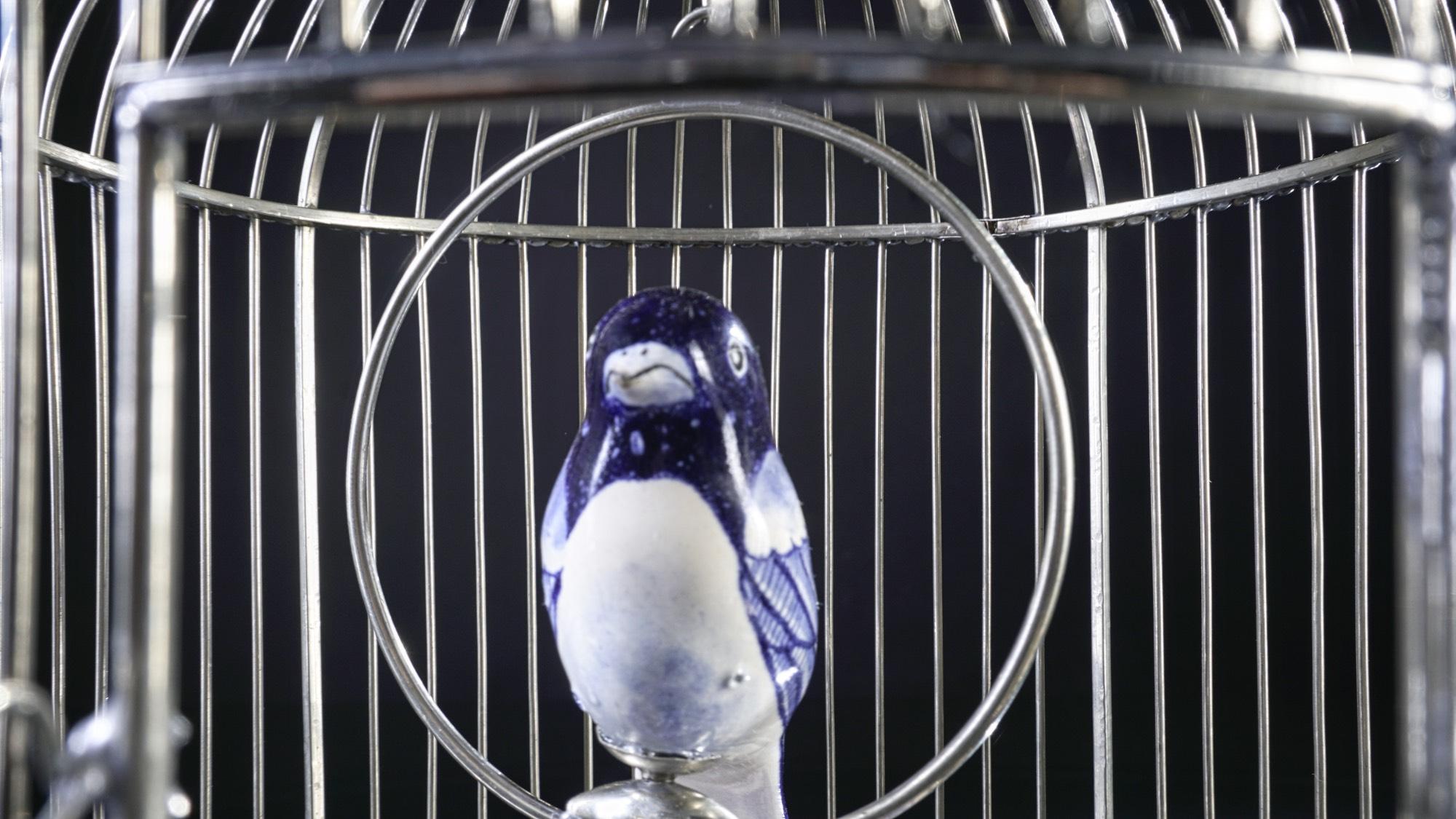 Forged White Metal Cage with Ceramic Birds, One of a Kind