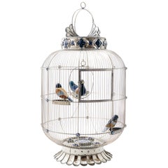 White Metal Cage with Ceramic Birds, One of a Kind