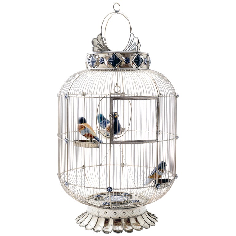 White Metal Cage with Ceramic Birds, One of a Kind at 1stDibs