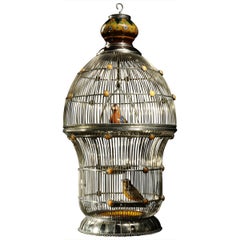White Metal Cage with Ceramic Birds, One of a Kind