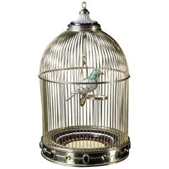 White Metal Cage with Ceramic Birds, One of a Kind
