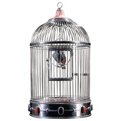 White Metal Cage with Ceramic Birds, One of a Kind