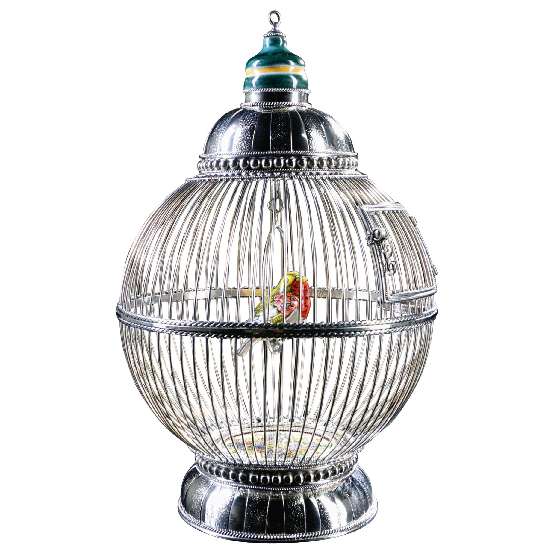 White Metal Cage with Ceramic Birds, One of a Kind