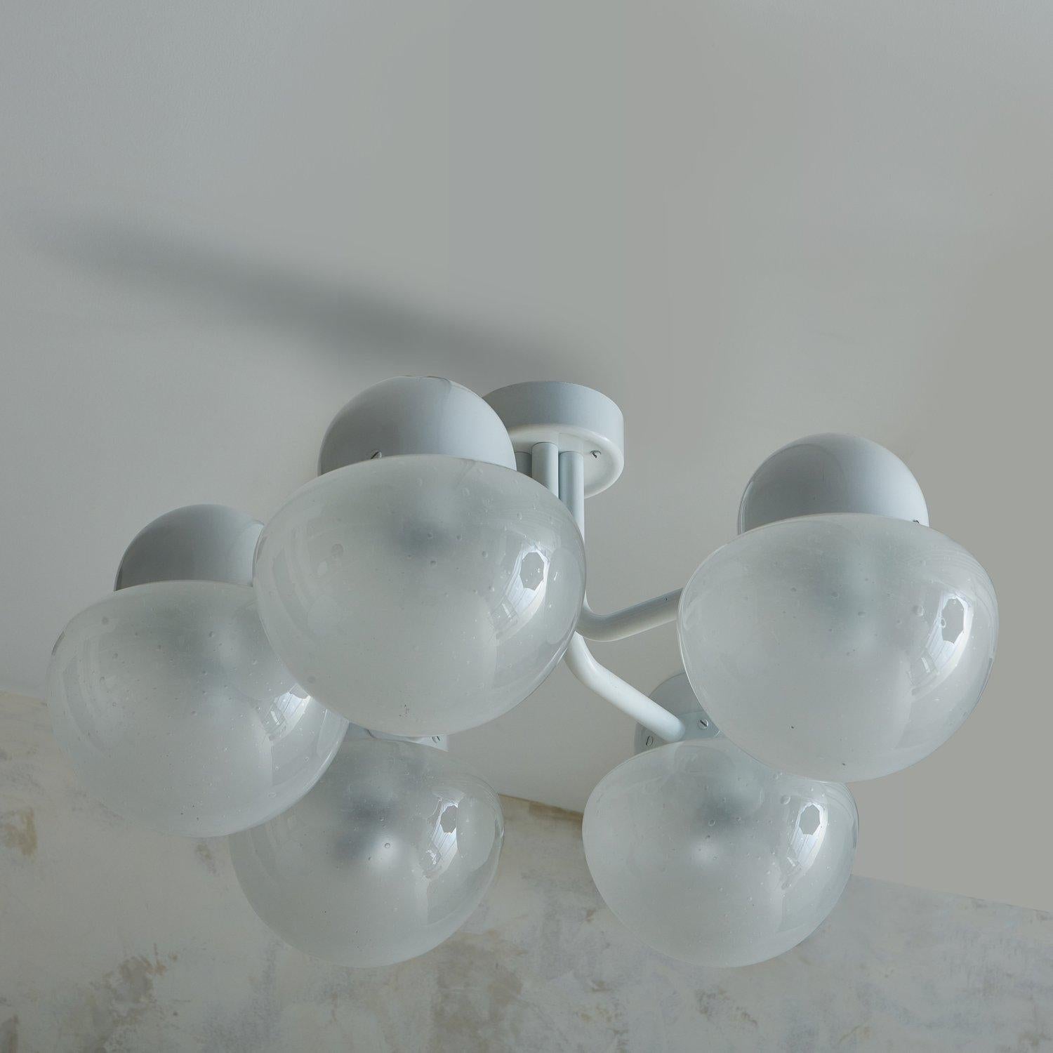 Mid-Century Modern White Metal Chandelier With 5 Glass Globes, Germany 1980s For Sale